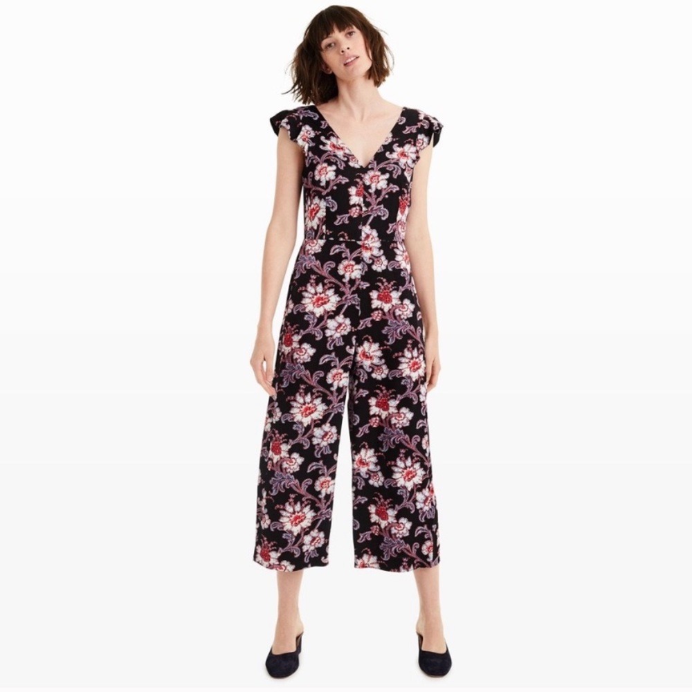 Club Monaco Black Floral Cap-Sleeve V-Neck Jumpsuit